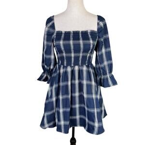 Audrey Parks Francesca's NWT Navy Plaid Smocked Puff Sleeve Mini Babydoll Dress